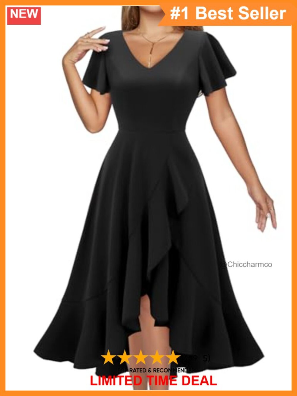 V-Neck Ruffle Fit & Flare High-Low Midi Cocktail Dress Semi Formal